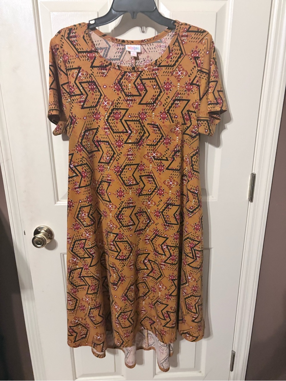 LuLaRoe Mustard Short Sleeve High-Low Dress with Black and Pink Accents
